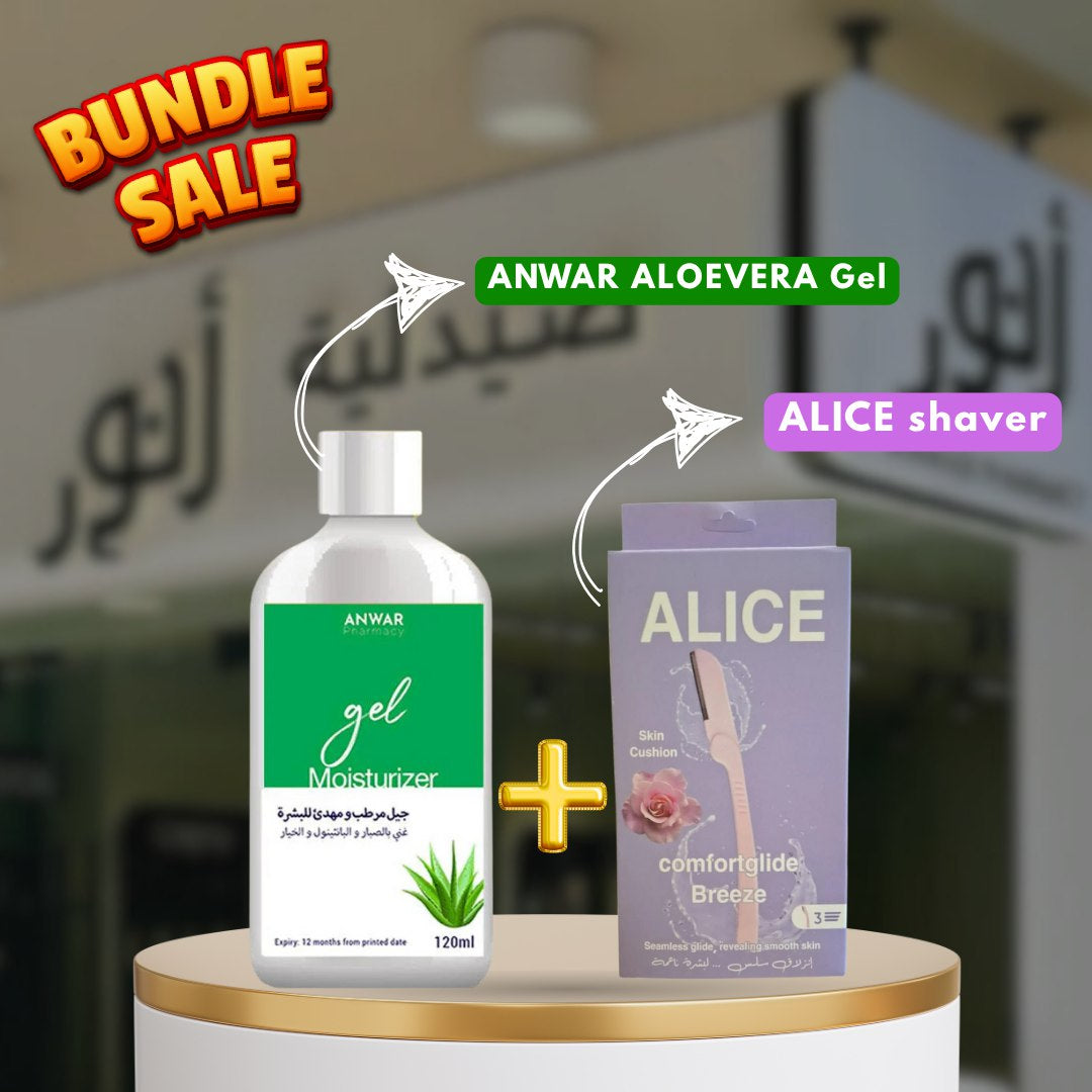 Anwar Aloe Vera Gel and Alice Shaver on a stand with Green Plaza branding.