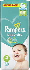 PAMPERS NEW BABY-DRY DIAPERS SIZE 4 (9 - 18 KG) 58 DIAPERS