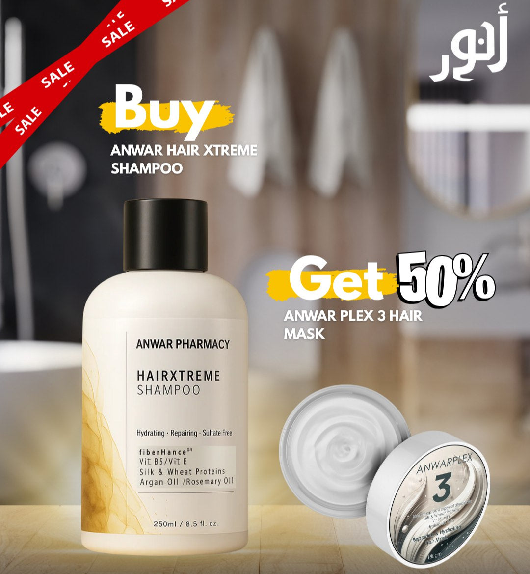 Anwar Pharmacy Hairxtreme Shampoo with a promotional offer on a blurred bathroom background