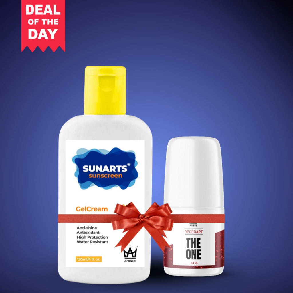 Two skincare products, a bottle and a roll-on, on a blue background with 'Deal of the Day' text.