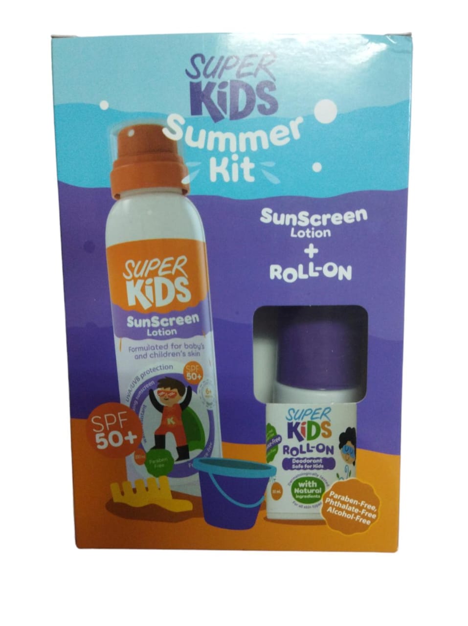 SUPER KIDS SUMMER KIT SUNSCREEN LOTION 200ML+ ROLL ON FRAGRANCE FREE 30ML - Anwar Store