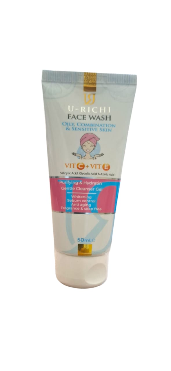 U-RICHI FACE WASH OILY, COMINATION & SENSITIVE SKIN VIT C + VIT E 50ML - Anwar Store