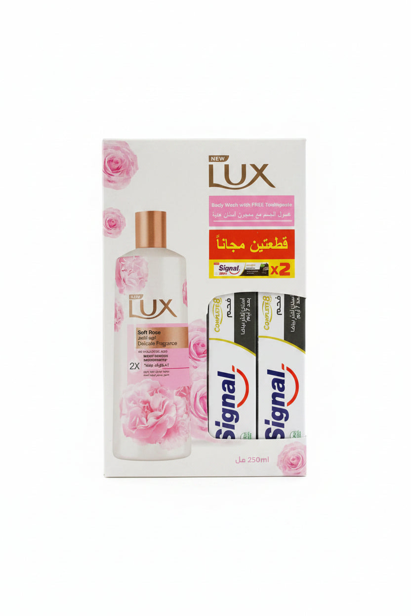 LUX SOFT ROSE BODY WASH250ML+2 FREE TOOTHPASTE SIGNALCHARCOAL25GM