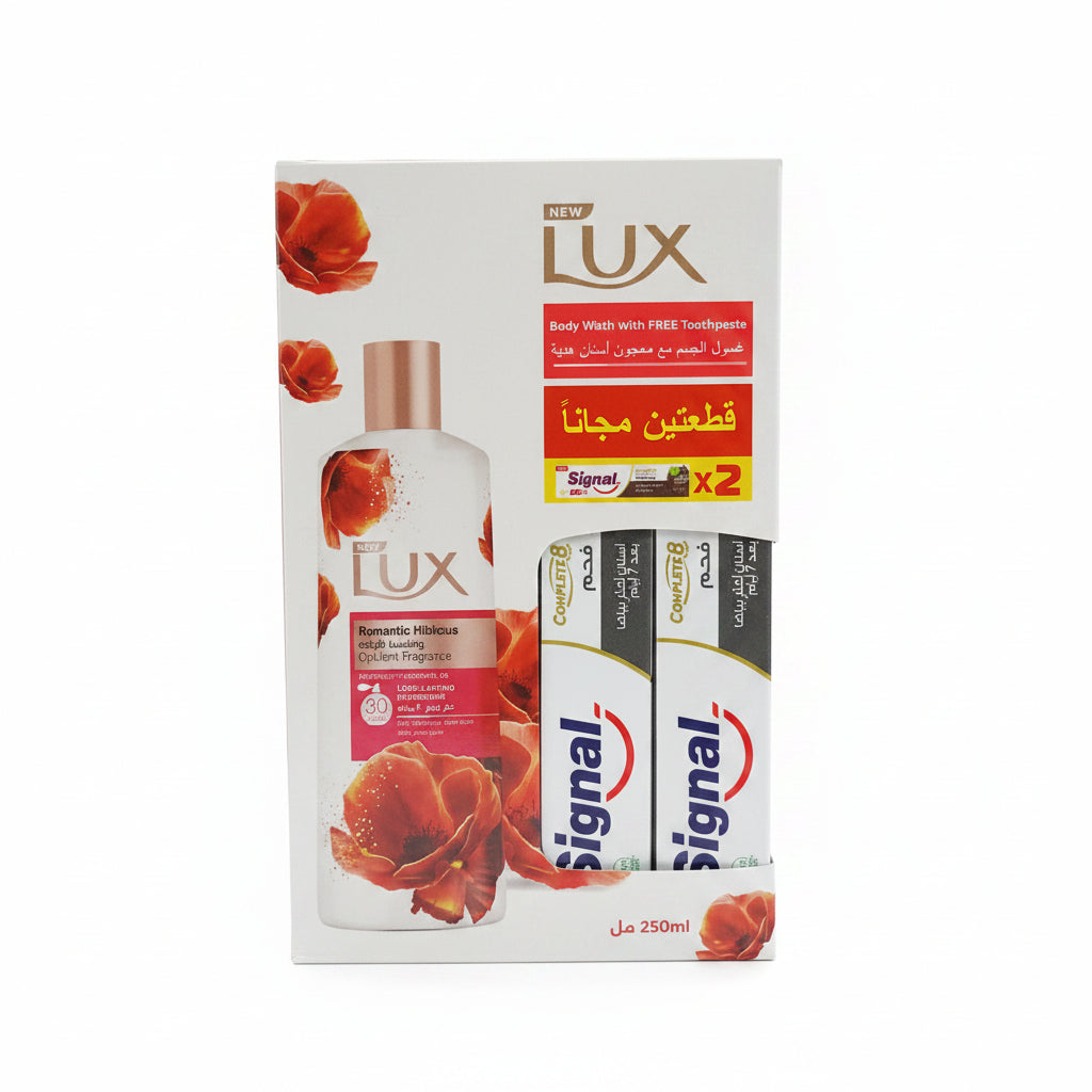 LUX ROMANTIC HIBISCUS BODY WASH250ML+2 FREE TOOTHPASTE SIGNALCHARCOAL25GM