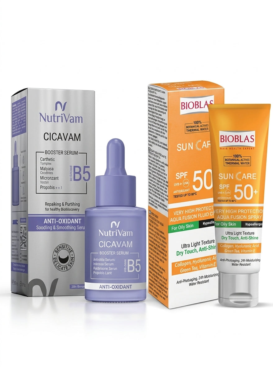 BIOBLAS SUN CARE 50+ SPF AQUA FUSION FLUID CREAM FOR OILY SKIN 40 ML+NUTRIVAM CICAVAM BOOSTER SERUM 30ML OFFER