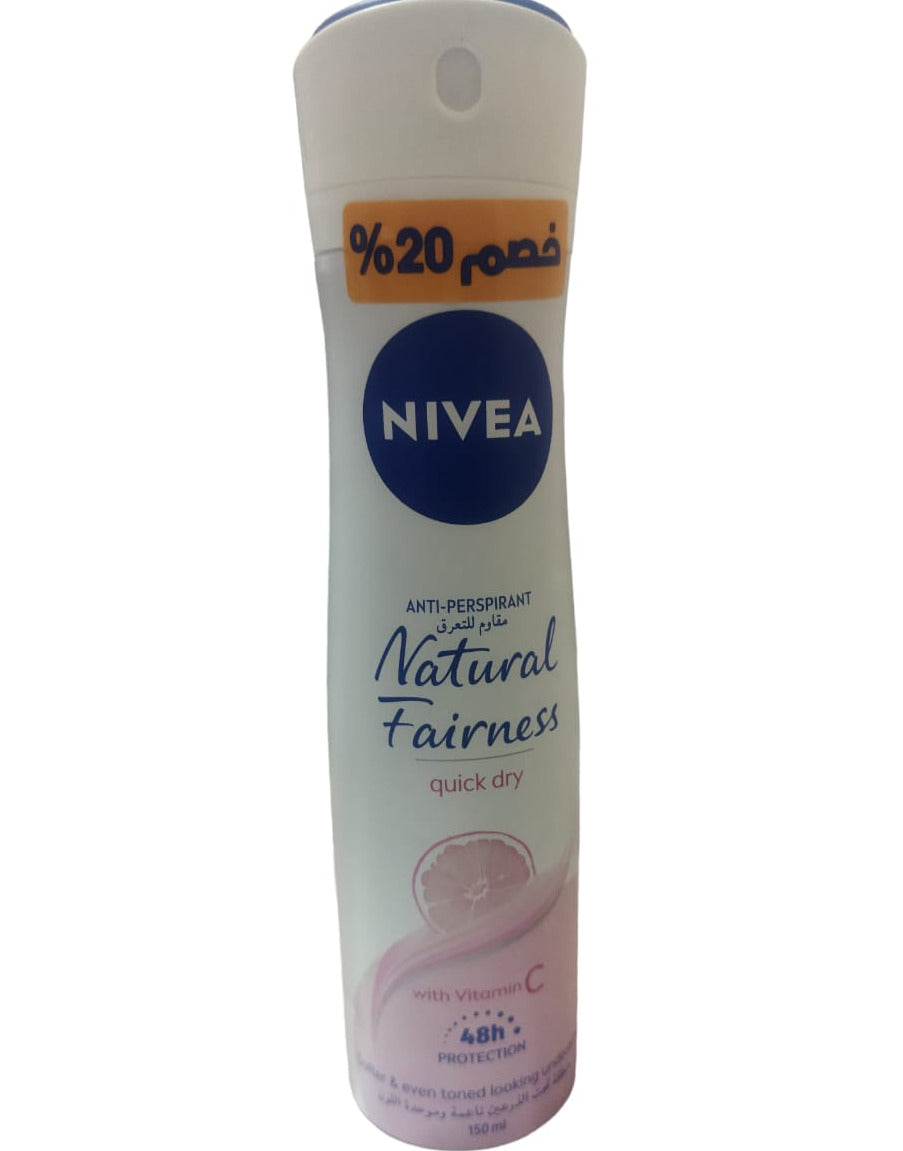 NIVEA ANTIPERSPIRANT SPRAY FOR WOMEN, NATURAL FAIRNESS, 150ML DISC 20%