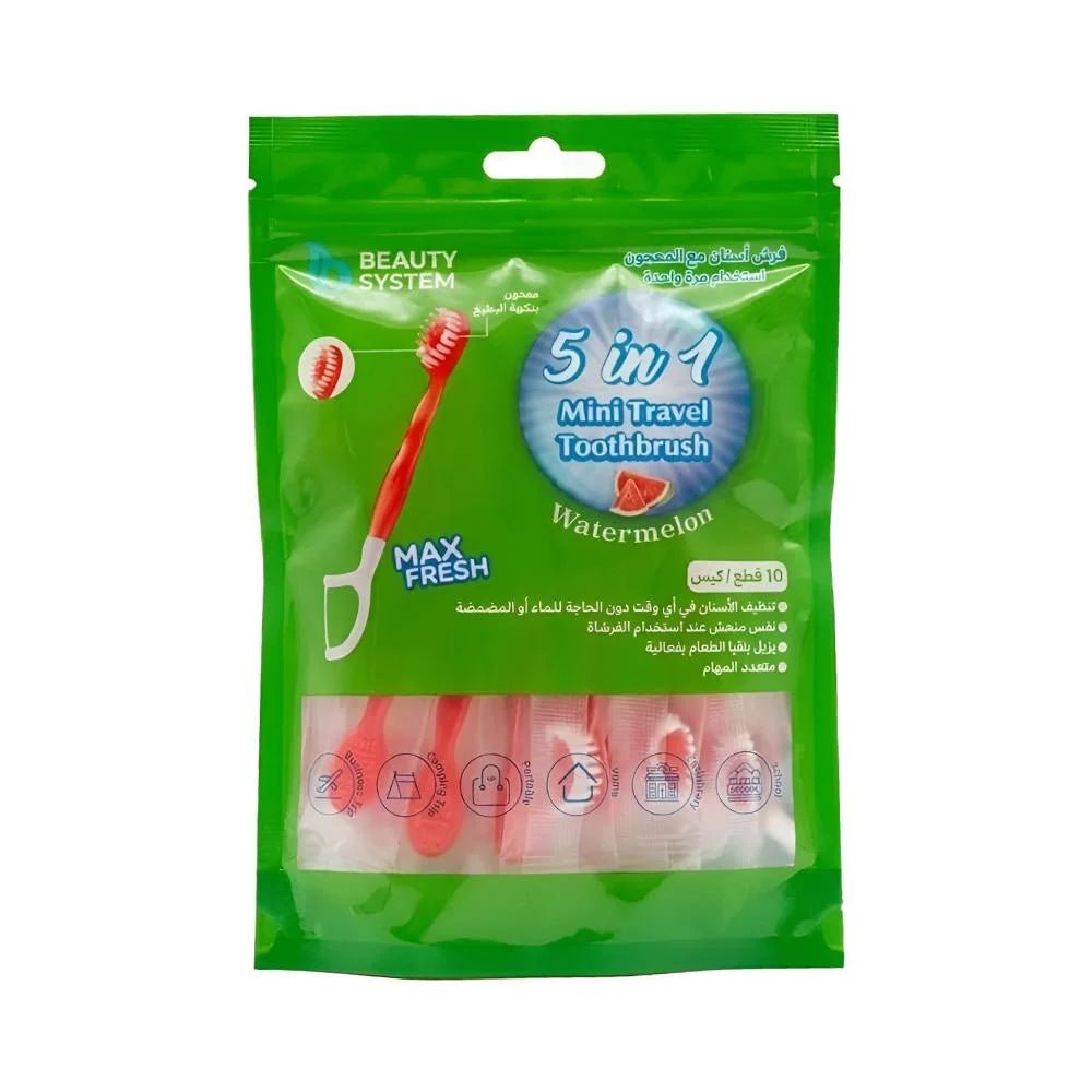 BEAUTY SYSTEM 5 IN 1 MINI TRAVEL TOOTH BRUSH WATERMELON - Anwar Store