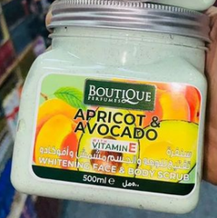 BOUTIQUE PERFUMES APRICOT & AVOCADO WITH VITAMIN E WHITENING FACE & BODY SCRUB 500ML - Anwar Store
