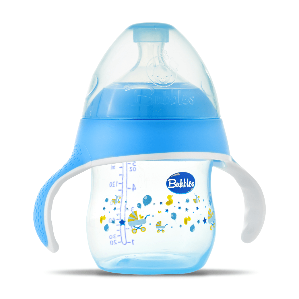 BUBBLES NATURAL FEEDING BOTTLE WITH HAND 150 ML – WHITE BLUE (3 month) - Anwar Store