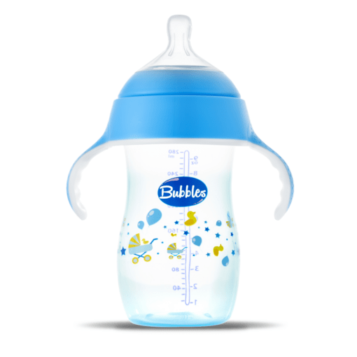 BUBBLES NATURAL FEEDING BOTTLE WITH HAND 280 ML – WHITE BLUE (6 month) - Anwar Store