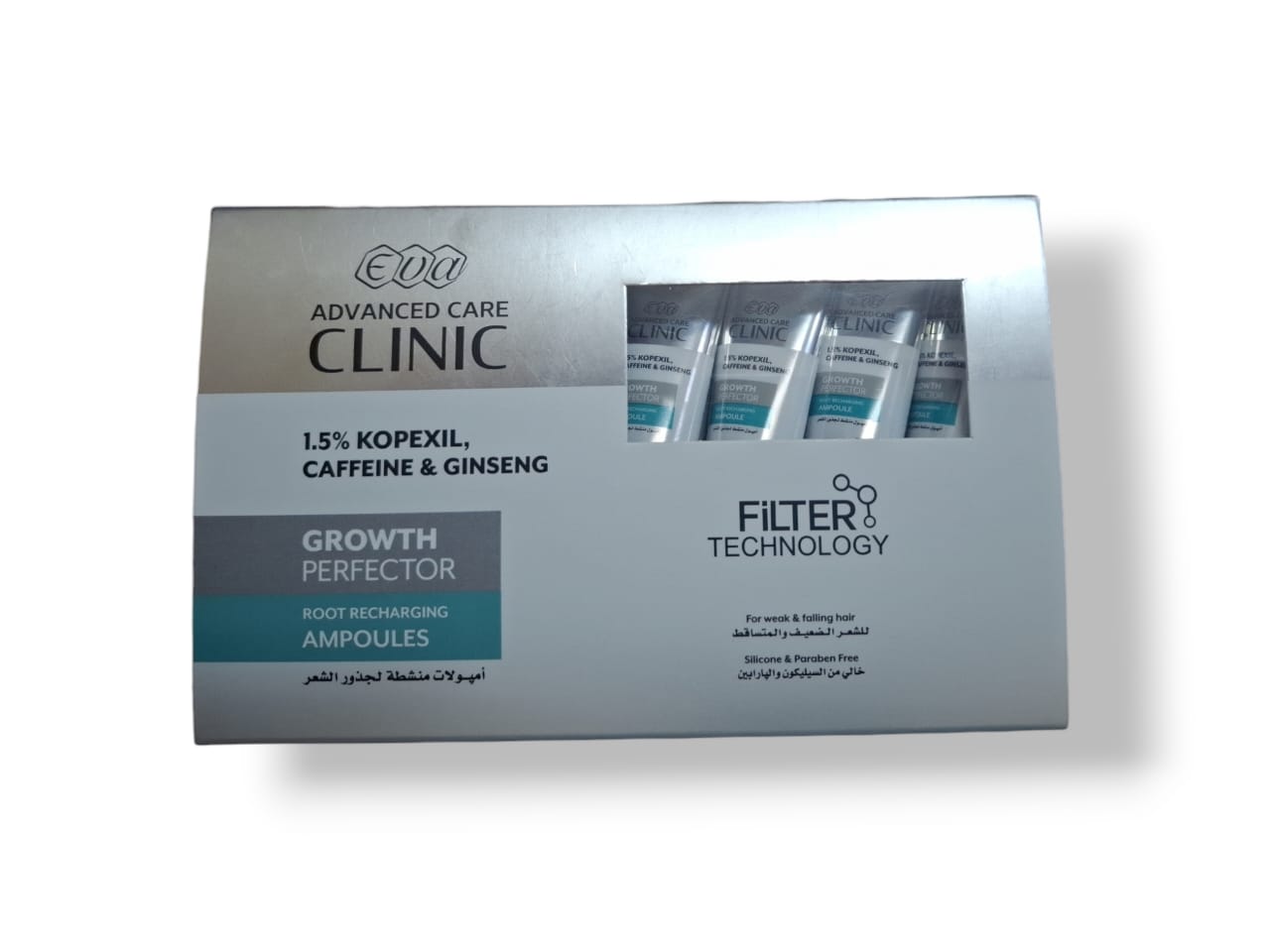 EVA ADVANCED CARE CLINIC 1.5% KOPEXIL, CAFFEINE & GINSENG ROOT RECHARGING AMPOULES 6ML * 7 AMPOULES - Anwar Store