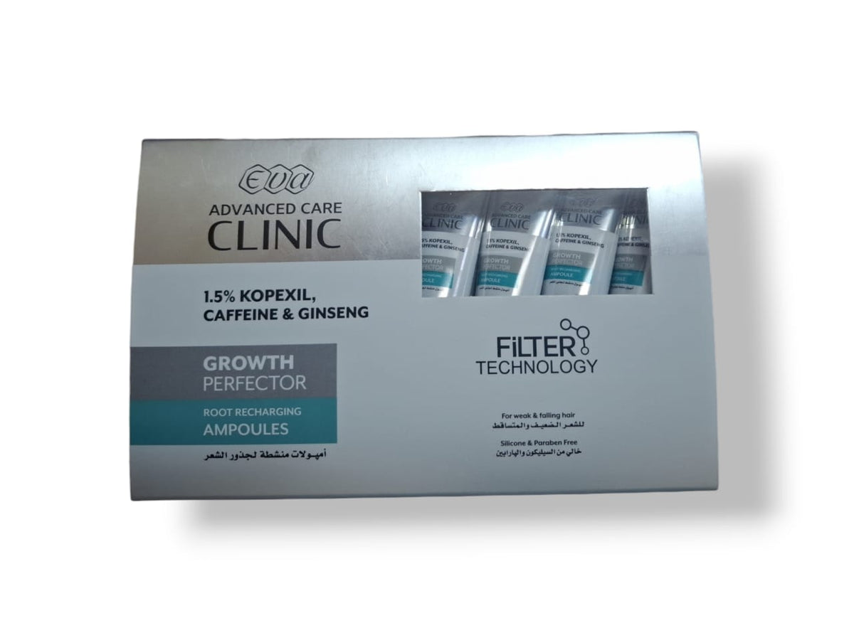 EVA ADVANCED CARE CLINIC 1.5% KOPEXIL, CAFFEINE & GINSENG ROOT RECHARGING AMPOULES 6ML * 7 AMPOULES - Anwar Store