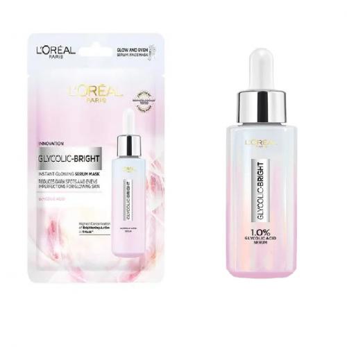 LOREAL GLYCOLIC-BRIGHT INSTANT GLOWING SERUM -30ML + SERUM MASK 22G FREE - Anwar Store