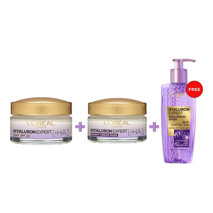 LOREAL PARIS HYALURON DAY CREAM 50ML+ HYALURON NIGHT CREAM 50ML + HYALURON FREE GEL WASH 200ML - Anwar Store