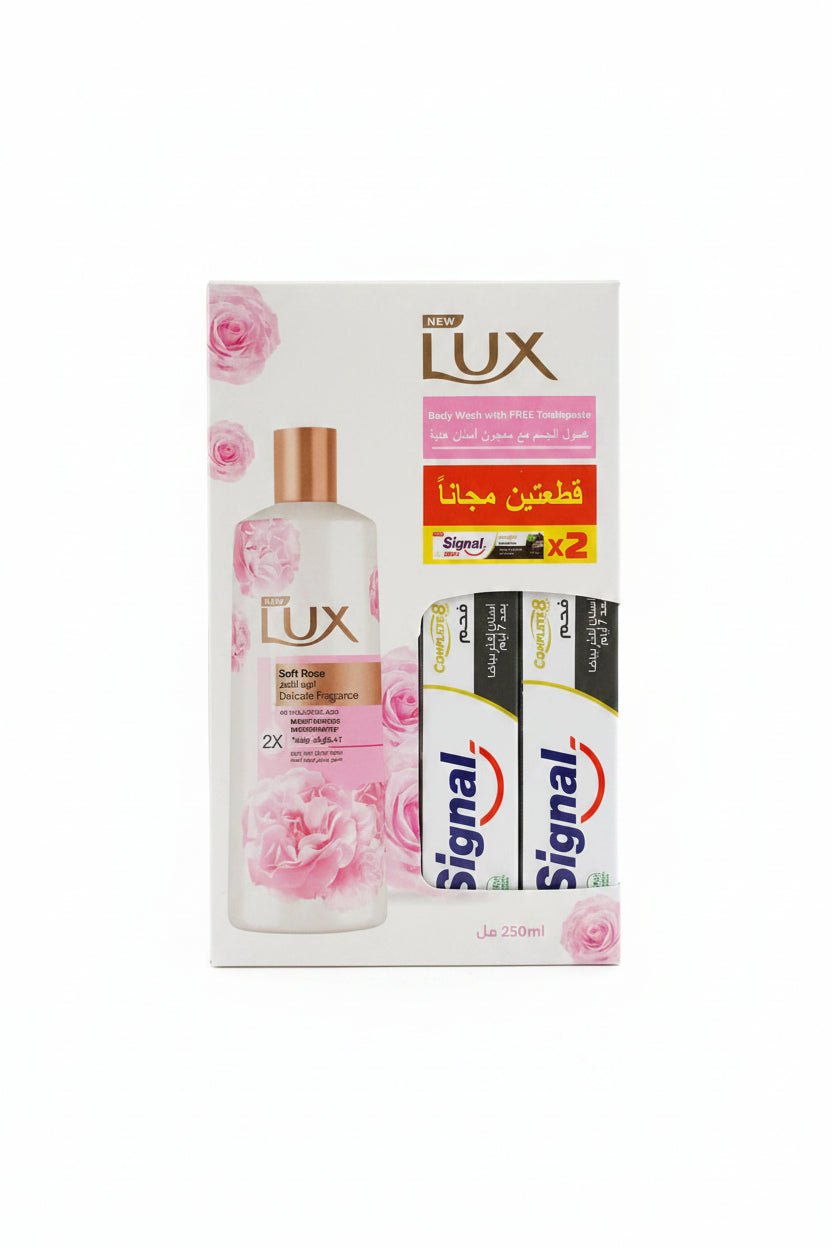 LUX SOFT ROSE BODY WASH250ML+2 FREE TOOTHPASTE SIGNALCHARCOAL25GM - Anwar Store