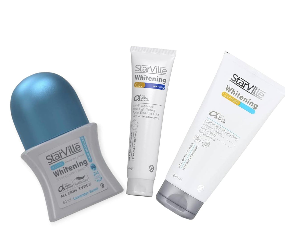 STARVILLE WHITENING CLEANSER 200ML +WHITENING GEL NIGHT CARE 60GM + WHITENING ROLL ON HAIR REDUCER 60ML offer - Anwar Store