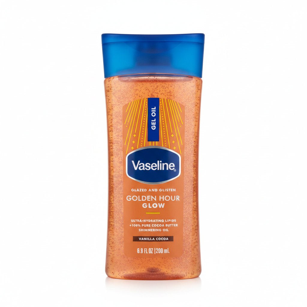 VASELINE GLAZED AND GLISTEN GOLDEN HOUR BODY GEL OIL GLOW VANILLA COCOA 200ML - Anwar Store